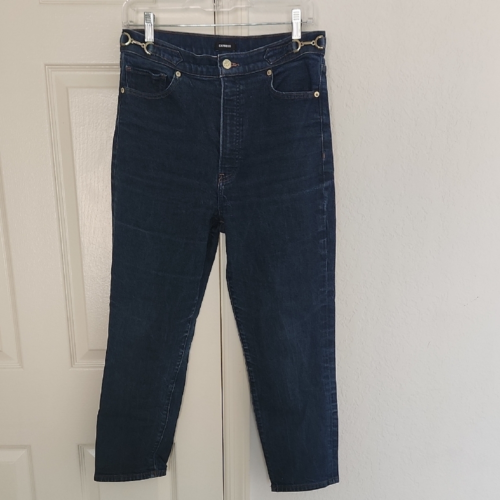 Express Straight Leg Dark Blue Gold Detail Ankle Jeans Sz 10